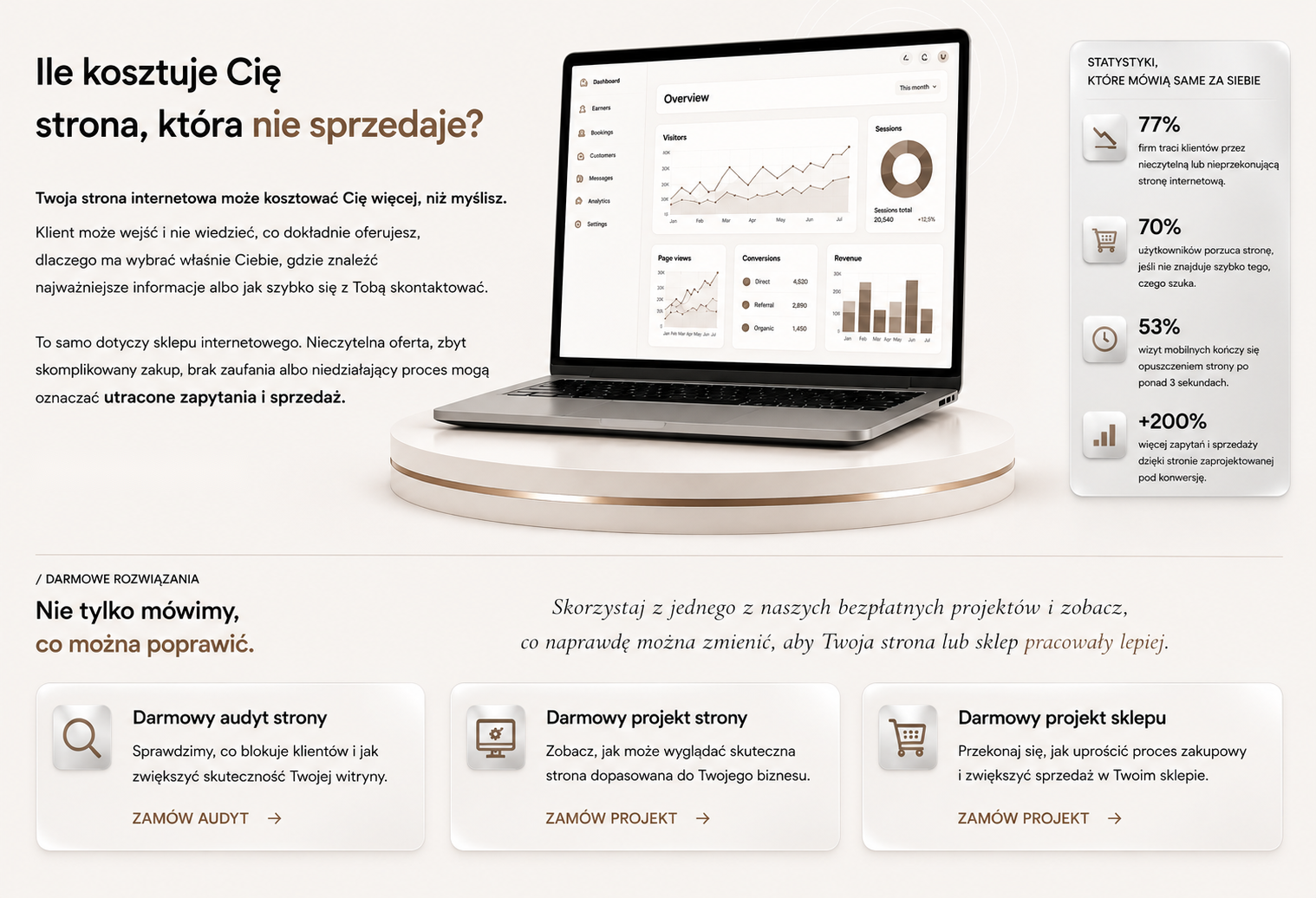 AI AGENCJA — bezpłatny projekt, laptop ze statystykami i darmowe rozwiązania